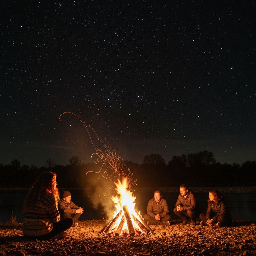 Outdoor bonfire gathering at night at Heaven River Retreat, Jim Corbett — intimate starlit evenings at the riverside resort