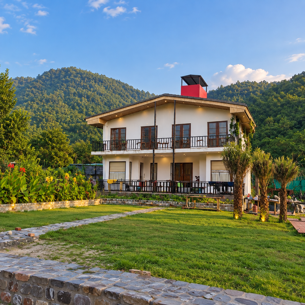 Heaven River Retreat resort exterior surrounded by lush greenery in Kunkhet, Uttarakhand — riverside cottage stay in Jim Corbett